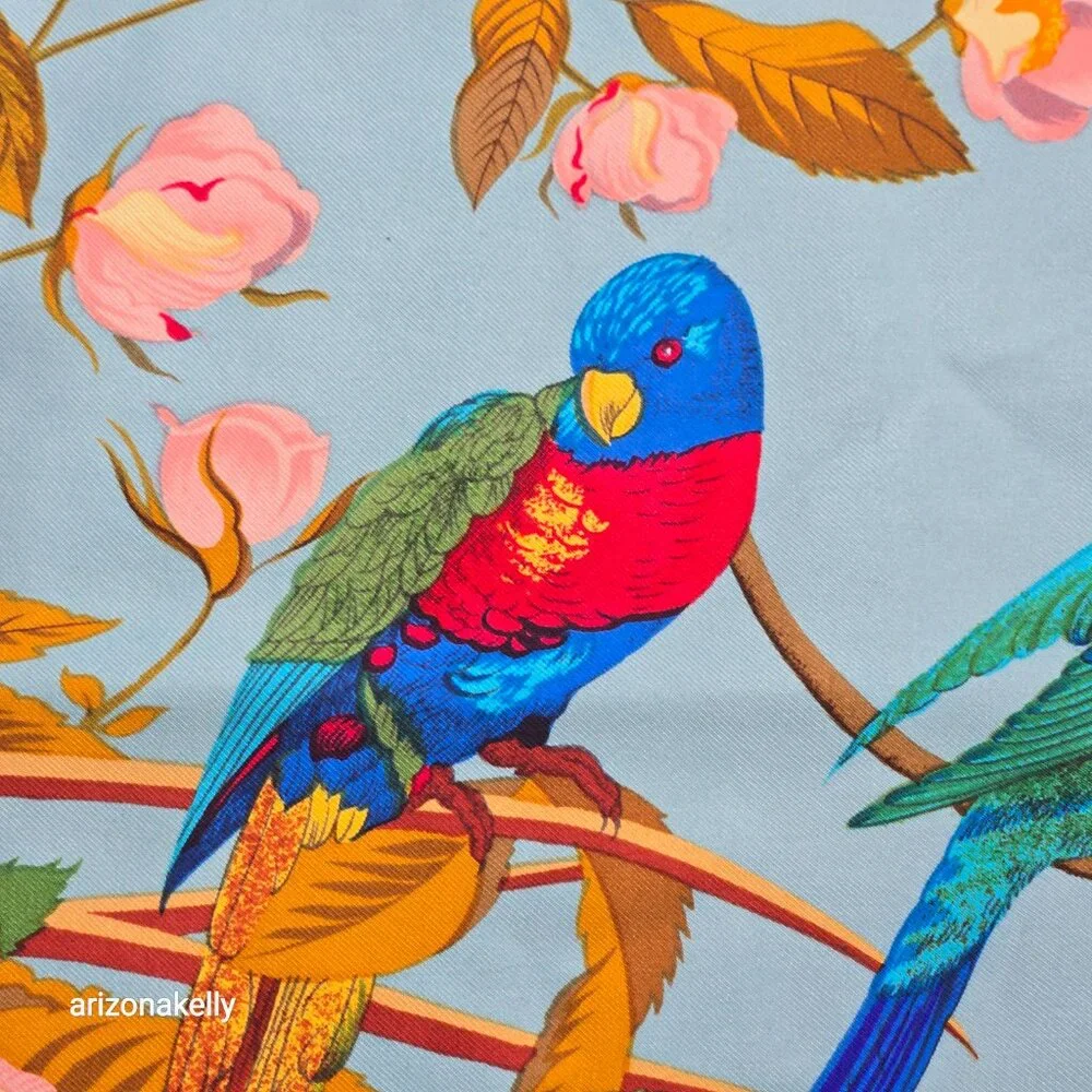 Vintage Silk Scarf Parrots Bird Hand Rolled Edges